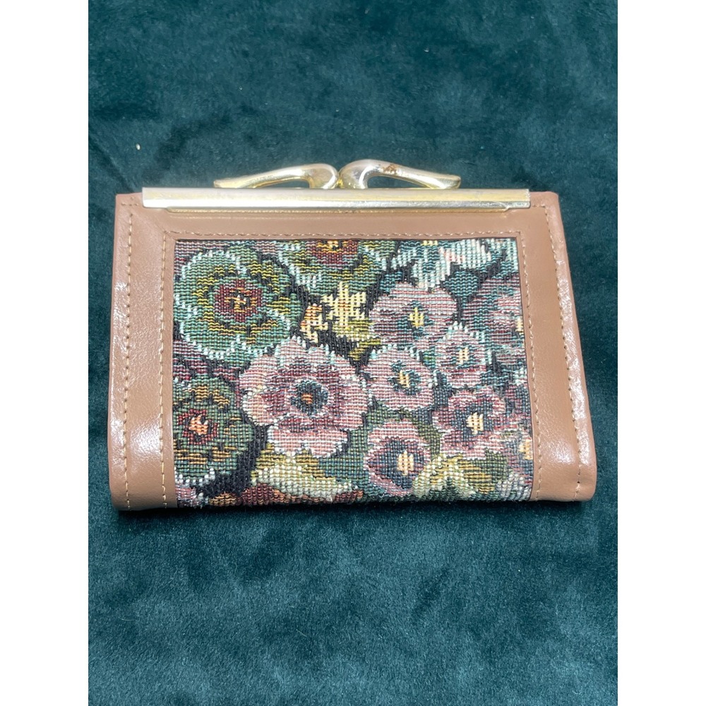 Vintage Leathermark Floral Tapestry Trifold Wallet Kiss Lock Coin Purse USA Made